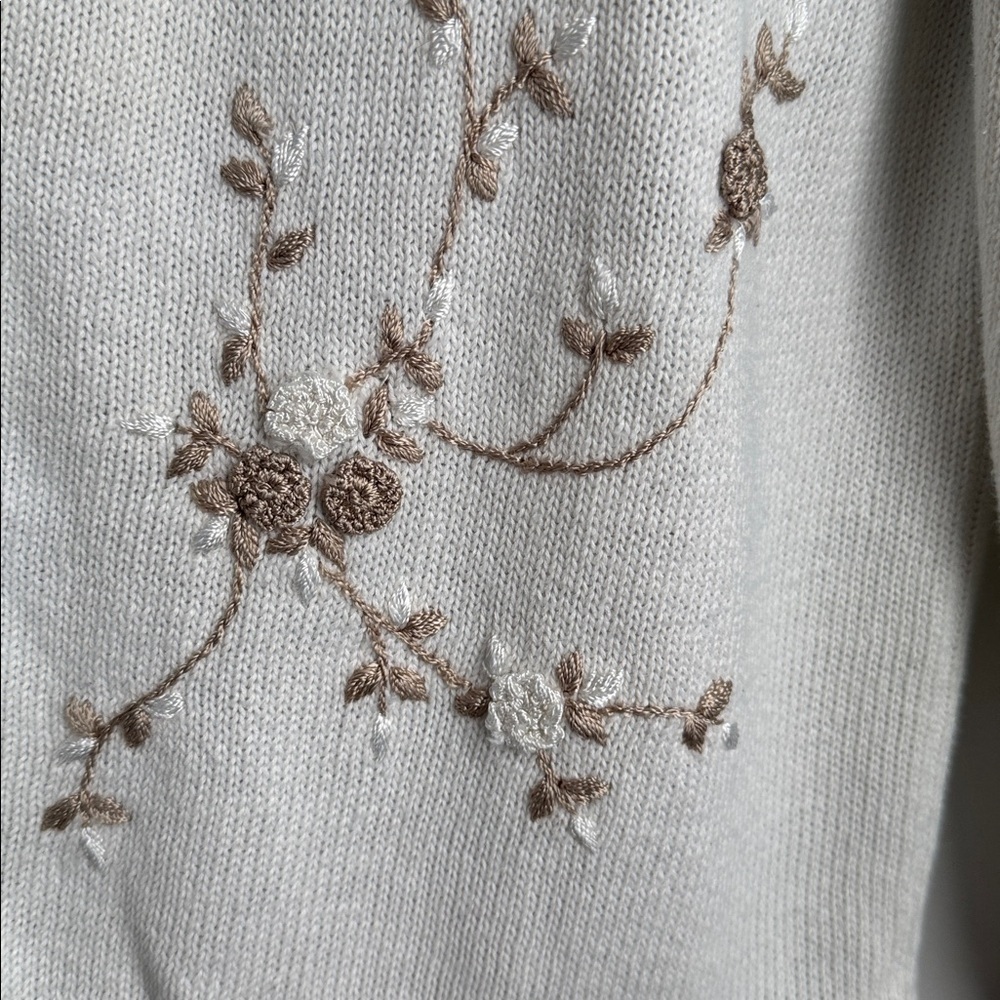 Elegant Floral Embroidered Cardigan - Cream and Brown - Picture 3 of 7
